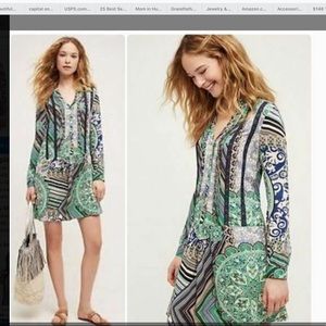 Anthropologie Green and Navy Patchwork Print Dress